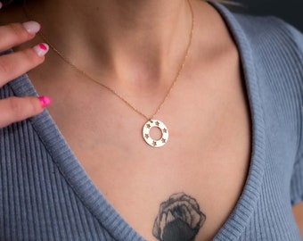 14K Gold Star Necklace, Valentine's Day Gift for Her, Solid Gold Star Disc Pendant, Valentine Jewelry, Star Cut Necklace, Birthday Gift