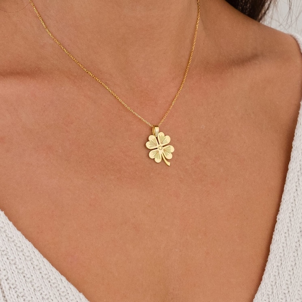 14K Solid Gold Kleeblatt Halskette, vierblättriges Kleeblatt, Shamrock Anhänger, Muttertagsschmuck, Goldklee Charm, Muttertagsgeschenke