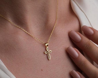 14K Gold Crucifix Necklace, Dainty Gold Cross Necklace, Diamond Religious Jewelry, Handmade Christian Necklace, Mothers Day Gift For Mom