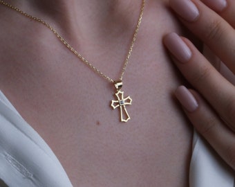 14K Dainty Stone Cross Necklace, Tiny Religious Cross Necklace, Gold Cross Pendant, Handmade Women Jewelry, Mothers Day Gifts For Grandma