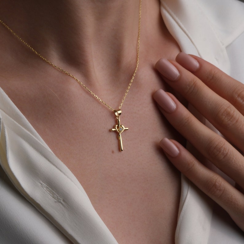 14K Gold Cross Necklace, Dainty Minimalist Christian Jewelry, Ideal Christian Gifts, Crucifix Necklace for Protection, Mothers Day Gifts, Women Jewelry, Daughter Sister Girl Wife Cousin Mother Grandma Religious Gifts Religion Symbol Gold Pendant