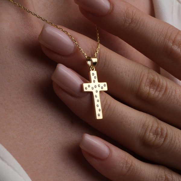 14K Gold Cross Necklace, Diamond Crucifix Pendant, Christian Religious Necklace, Dainty Stone Cross Necklace, Mothers Day Gifts For Grandma