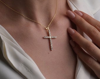 14K Gold Dainty Cross Necklace, Diamond Cross Necklace, Religious Gold Cross Pendant, Christian Woman Jewelry, Mothers Day Gifts For Her