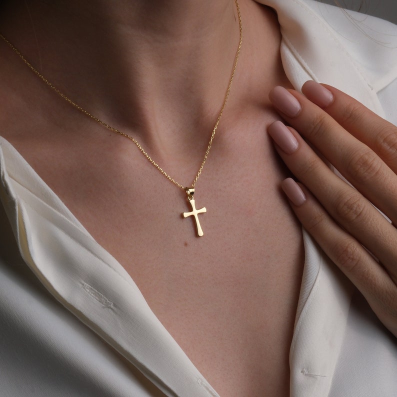 14K Gold Cross Necklace, Minimalist Bright Cross Necklace, Gold Cross Pendant, Christian Jewelry, Mothers Day Gift For Grandma, Gift For Her, Daughter, Sister, Woman, Mother, Grandma, Wife Gifts, Christian Gifts, Religion, Baptism, Church Gifts