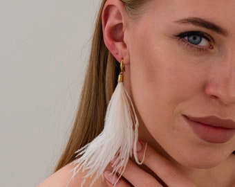 14K Gold Plated Dangling Earrings, White Ostrich Feather Earrings, Dainty Gold Handmade Jewelry, Minimalist Gold Earrings, Mothers Day Gifts