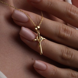 14K Gold Cross Necklace, Dainty Minimalist Christian Jewelry, Ideal Christian Gifts, Crucifix Necklace for Protection, Mothers Day Gifts, Women Jewelry, Daughter Sister Girl Wife Cousin Mother Grandma Religious Gifts Religion Symbol Gold Pendant