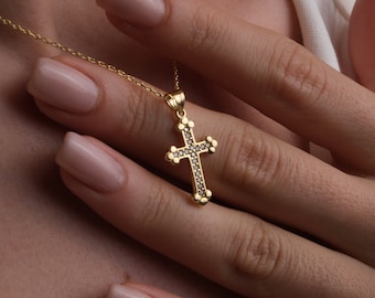 14K Gold Diamond Cross Necklace for Women, Christian Faith Pendant, Stone Cross Necklace, Minimalist Religious Jewelry, Mothers Day Gifts