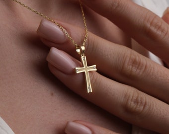 Gold Cross Necklace For Women, Classic Crucifix Pendant, Diamond Cross Necklace, Guardian Angel Religious Jewelry, Mothers Day Gifts For Her