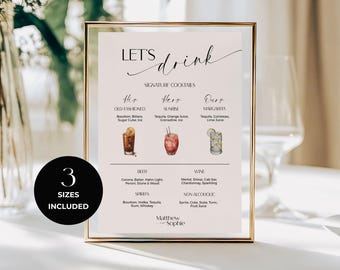 Wedding drink menu his hers ours, wedding drink menu poster, signature cocktail sign, wedding bar menu template, signature drinks sign RP005