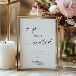 Sip and be seated wedding sign, champagne wall sign decor, modern minimalist design, instant download - RP005