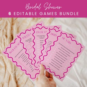 Pink Modern Wavy Border Bridal Shower Game Bundle of 6, Wavy Hot Pink Wriggly Border Bridal Shower Editable Template, Instant Download BS01