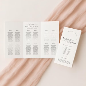 Trifold wedding program with seating chart, wedding day timeline, editable infographic, modern minimalist, instant download - RP005
