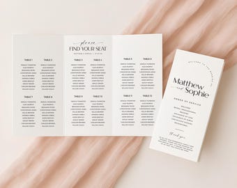 Trifold wedding program with seating chart, wedding day timeline, editable infographic, modern minimalist, instant download - RP005