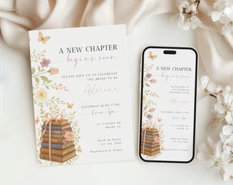 A New Chapter Begins Bridal Shower Invitation, Her Next Chapter Book Themed Wedding Shower, Modern Printable Editable Template - BS02