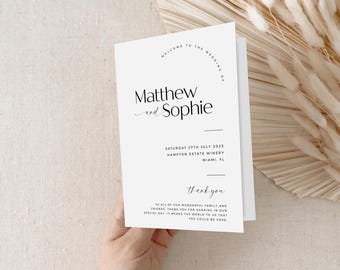 May include: A white wedding invitation card with black text. The card reads "Welcome to the wedding of Matthew and Sophie" and includes the date, location, and a thank you message.