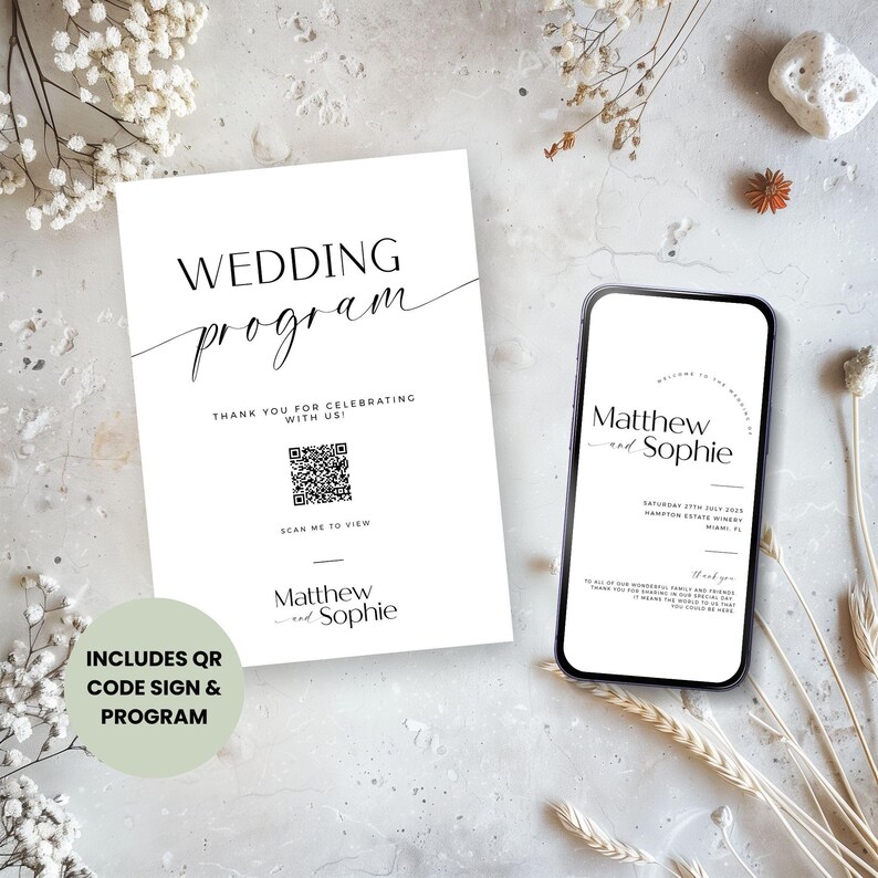 Wedding Program With QR Code, QR Code Wedding Program Sign, Digital ...