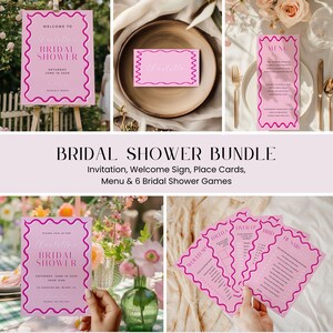 Pink Modern Wavy Border Bridal Shower Bundle Pack, Bridal Shower Games Invitation Menu Name Place Card, Wavy Hot Pink Wriggly Border - BS01