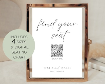 QR code wedding seating chart sign, wedding seating chart template downloadable, modern wedding seating chart alphabetical, minimalist RP001