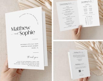May include: White wedding invitation with black text. The invitation reads "Welcome to the wedding of Matthew and Sophie" and includes the date, location, and a thank you message.