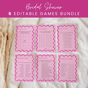 Pink Modern Wavy Border Bridal Shower Game Bundle of 6, Wavy Hot Pink Wriggly Border Bridal Shower Editable Template, Instant Download BS01