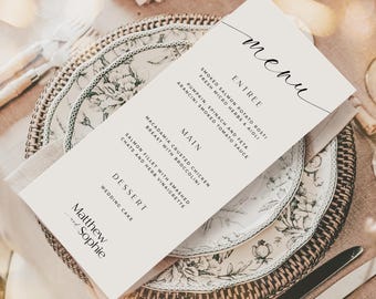 Minimalist Wedding Menu Photo Template, Modern Wedding Dinner Menu, Printable, Simple Calligraphy, DIY Reception Table Editable 4x9 - RP005