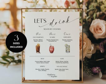 Wedding drink menu poster, wedding drink menu his hers ours, signature cocktail sign, wedding bar menu template, signature drinks sign RP005