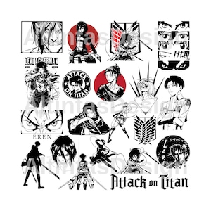 Puede incluir: Ilustraciones en blanco y negro de personajes del anime Attack on Titan. Los personajes incluyen a Eren Yeager, Levi Ackerman, Mikasa Ackerman y Armin Arlert. Las ilustraciones están en una variedad de poses y expresiones. El texto "Attack on Titan" también está incluido en la imagen.