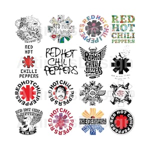 Könnte beinhalten: Eine Sammlung von Logos und Grafiken der Red Hot Chili Peppers. Die Designs zeigen den Bandnamen, das Asterisk-Logo und andere künstlerische Darstellungen in Rot, Schwarz und Weiß, in verschiedenen Stilen.