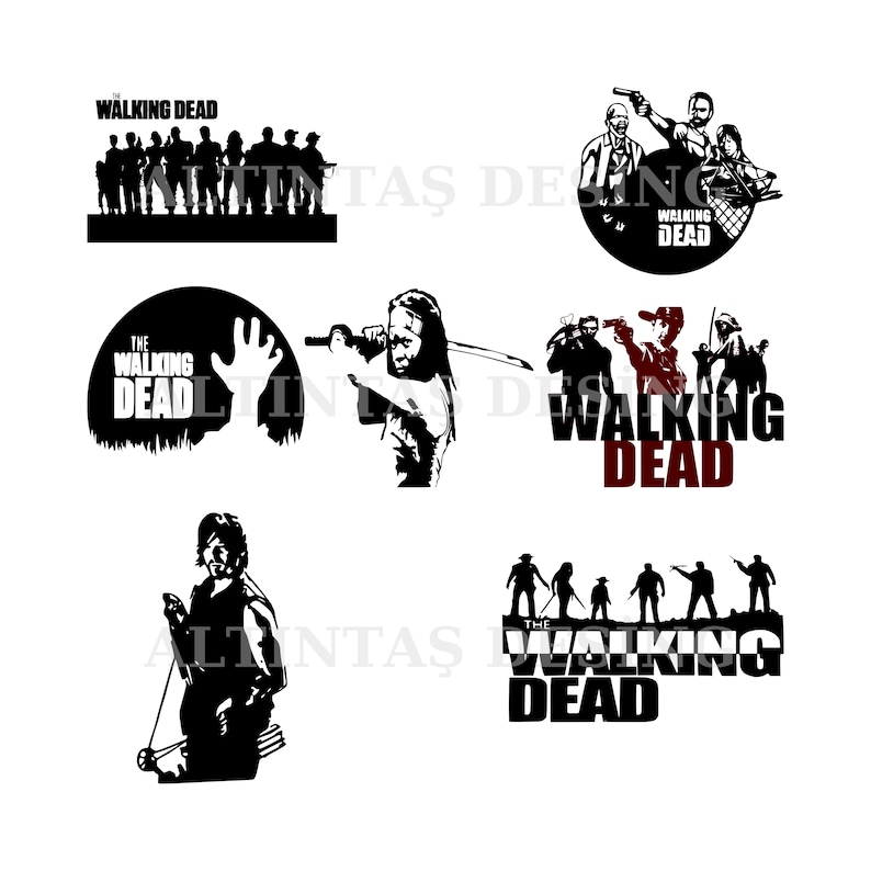 May include: Black and white silhouette images of characters from the TV show "The Walking Dead". The images include the show's title and characters from the show, including Rick Grimes, Daryl Dixon, and Michonne.
