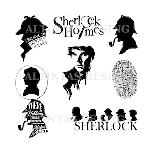 Puede incluir: Ilustraciones en silueta en blanco y negro de Sherlock Holmes, incluyendo su famosa cita "No hay nada más engañoso que un hecho obvio."