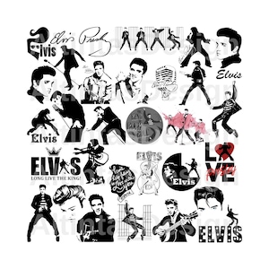 May include: A collection of black and white silhouette images of Elvis Presley. The images include Elvis in various poses, including singing, playing guitar, and wearing his signature sunglasses. The text "Elvis" appears in several of the images, along with the phrase "Long Live the King!" and "The King of Rock and Roll".