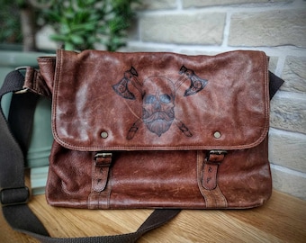 Hand engraved Norse themed messenger bag - genuine leather - Viking skull design