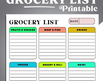 Grocery List Printable Template, Shopping List Printable, Food Shopping List, Planner for Shopping Checklist, Digital Instant Download PDF