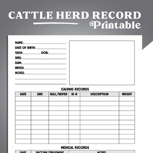 Cattle Herd Record Sheet, Printable Cattle Records Page, Homestead Cattle Care Tracker Sheet, Cattle Herd Tracker Minimal Ink, Printable/PDF