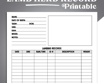 Lamb Herd Record Sheet,  Lamb Herd Record Keeping, Farm Management, Homestead Lambing Tracker Sheet, Sheep Keeping Records, Digital Download