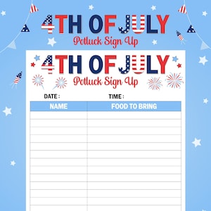 4th of July Potluck Sign Up Sheet, 4th of July Sign Up Form, Independence Day Potluck Sign up Form, July 4th Party Potluck Signup