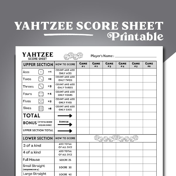 Yahtzee Score Sheet, Yahtzee Score Card, Yahtzee Board Game Score Sheet, Yahtzee Card Game Score Sheet, Printable Yahtzee Score Pad