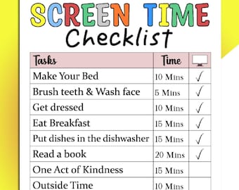 Screen Time Checklist Kids Printable, Earn Screen Time, Screen Time chart, Screen Time Log, Screen Time Tracker, Teens Screen Time Tracker
