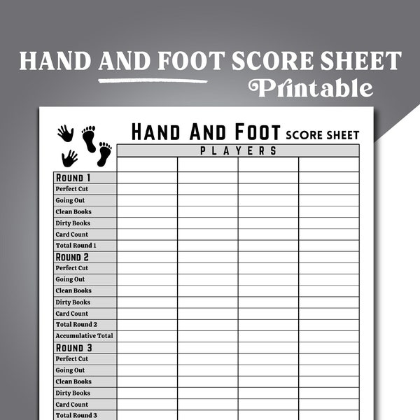 Hand And Foot Score Sheets, Hand And Foot Card Game Score Sheets, Printable Hand And Foot Game Score Pad, Hand And Foot Score Card