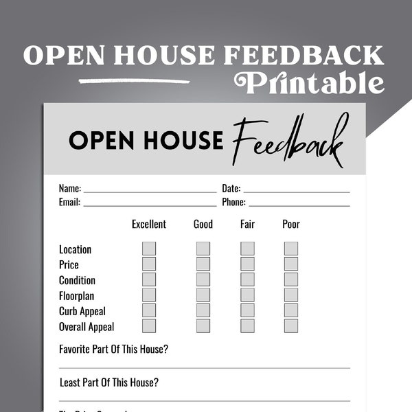 Open House Feedback Form Template, Printable Visitor Survey, Real Estate Marketing, Agent Printables, Realtor Open House Flyers, Forms