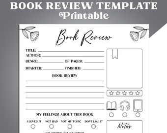 Book Review Template Printable, Book Review Page, Printable Book Review, Journal, Book Review Page, Gift for Book Lover, Digital Download