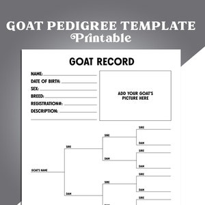 May include: Printable goat pedigree template with a blank form for recording goat information, including name, date of birth, sex, breed, registration number, and description. The template also includes a pedigree chart with spaces for sire and dam information.