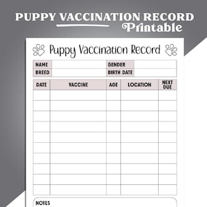 Pode incluir: Formulário de registro de vacinação de filhotes imprimível com seções para nome, raça, sexo, data de nascimento, data, vacina, idade, local, próxima data de vencimento e notas.