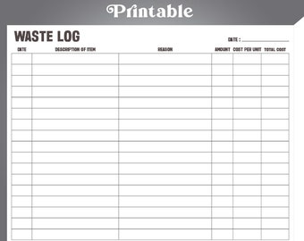 Waste Log Printable, Food Waste Tracker, Waste Tracker Template, Restaurant Planner, Food Waste Template, Waste Management Log, kitchen Log
