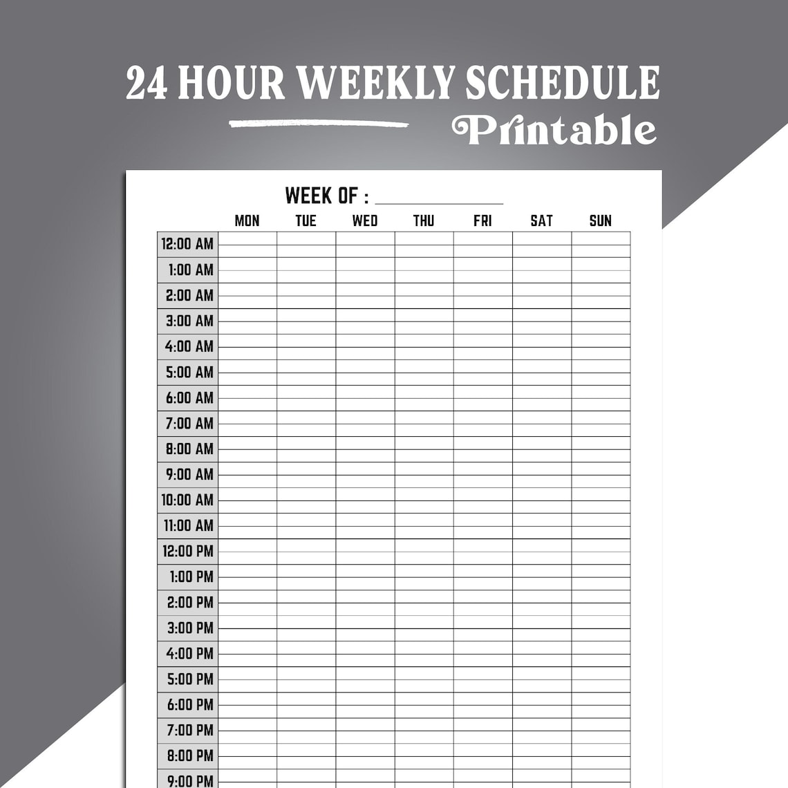 24 Hour Weekly Schedule Printable, Printable Daily Planner, Hourly ...