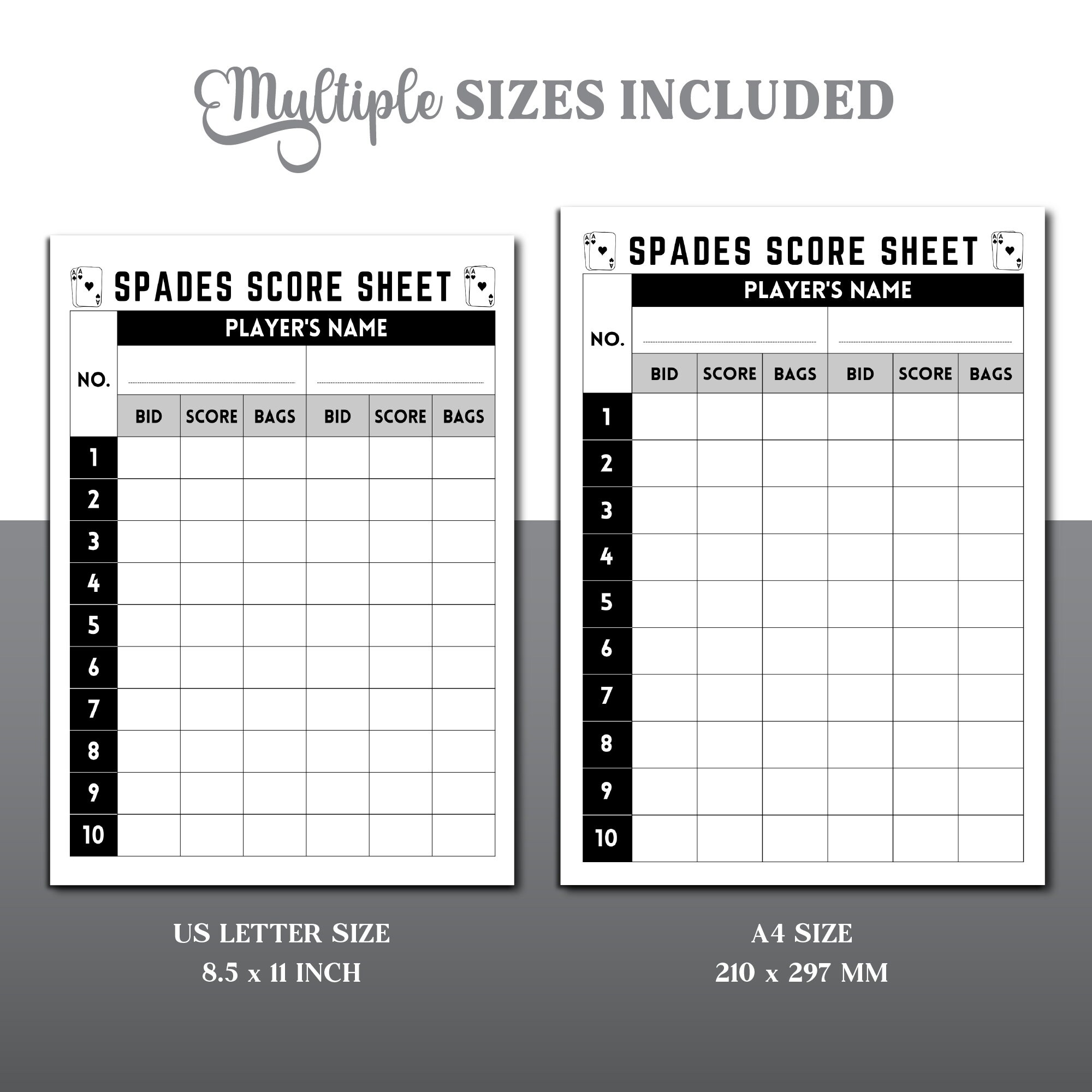 Spades Score Sheet, Spades Scorekeeper, Spades Card Game Score Sheet
