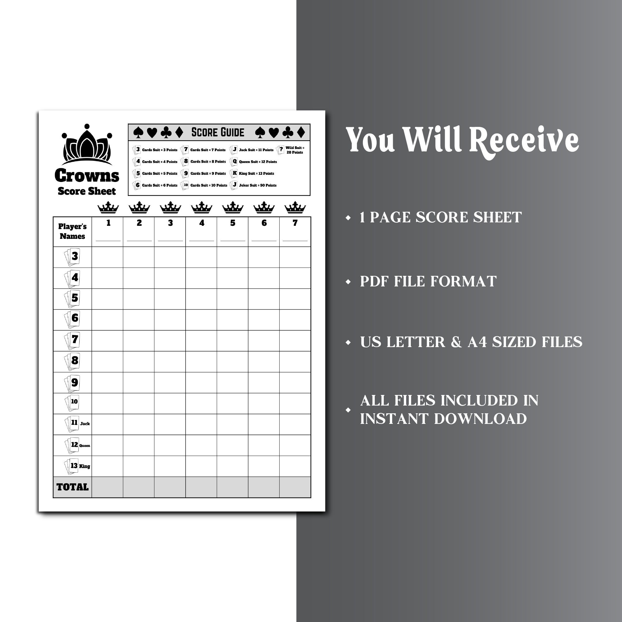 Five Crowns Card Game Score Sheet, Crowns Card Game Score Sheet, 5 ...