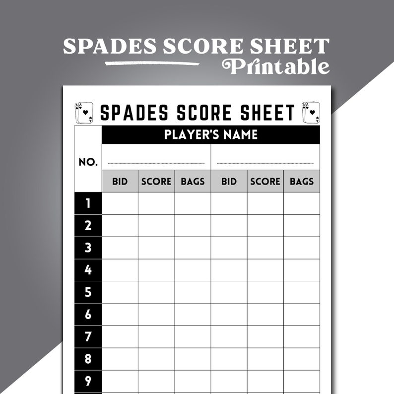 Spades Score Sheet, Spades Scorekeeper, Spades Card Game Score Sheet ...