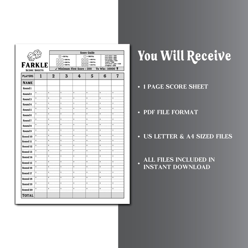 Farkle Game Score Sheet, Farkle Scoring, Farkle Dice Game Score Sheet