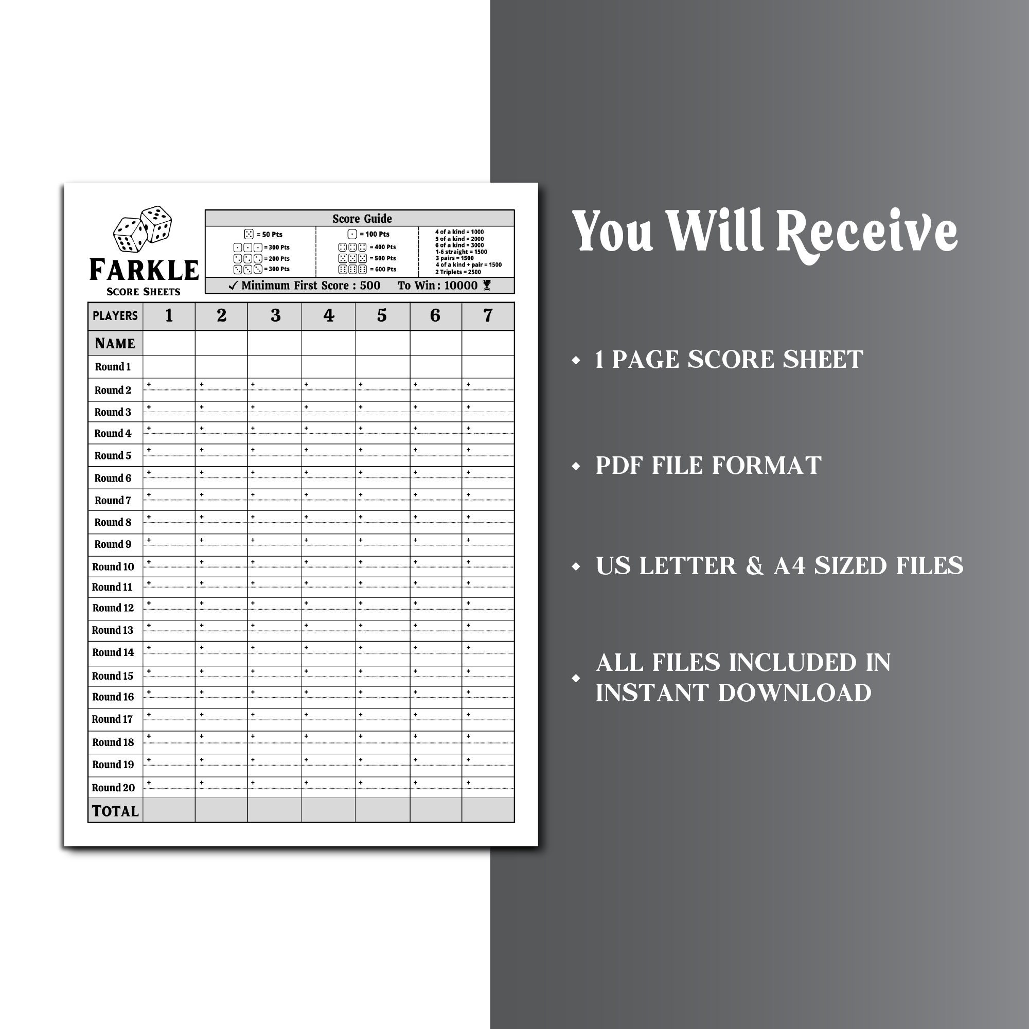 Farkle Game Score Sheet, Farkle Scoring, Farkle Dice Game Score Sheet